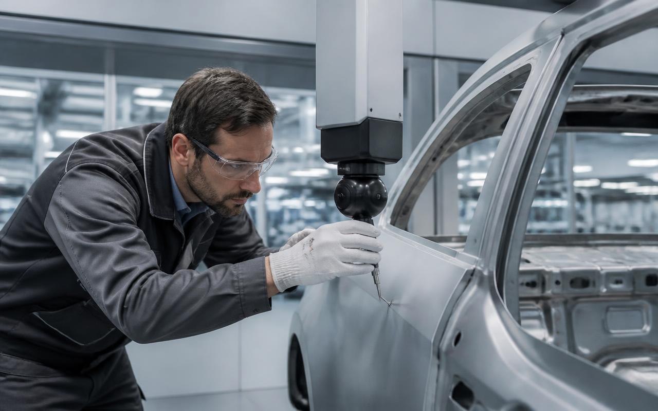 Engineer measuring a vehicle body panel in an automotive metrology bay