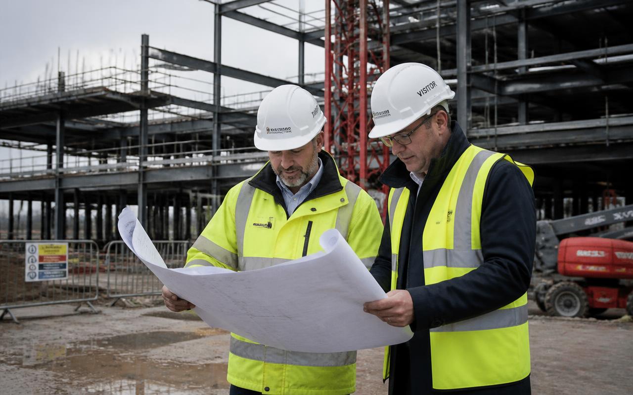 Engineers reviewing drawings during a construction programme site walk