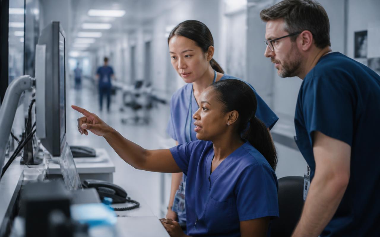 Clinical team at a hospital information systems workstation