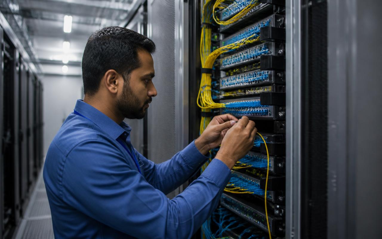 Telecom engineer commissioning fibre patch panels in a data centre
