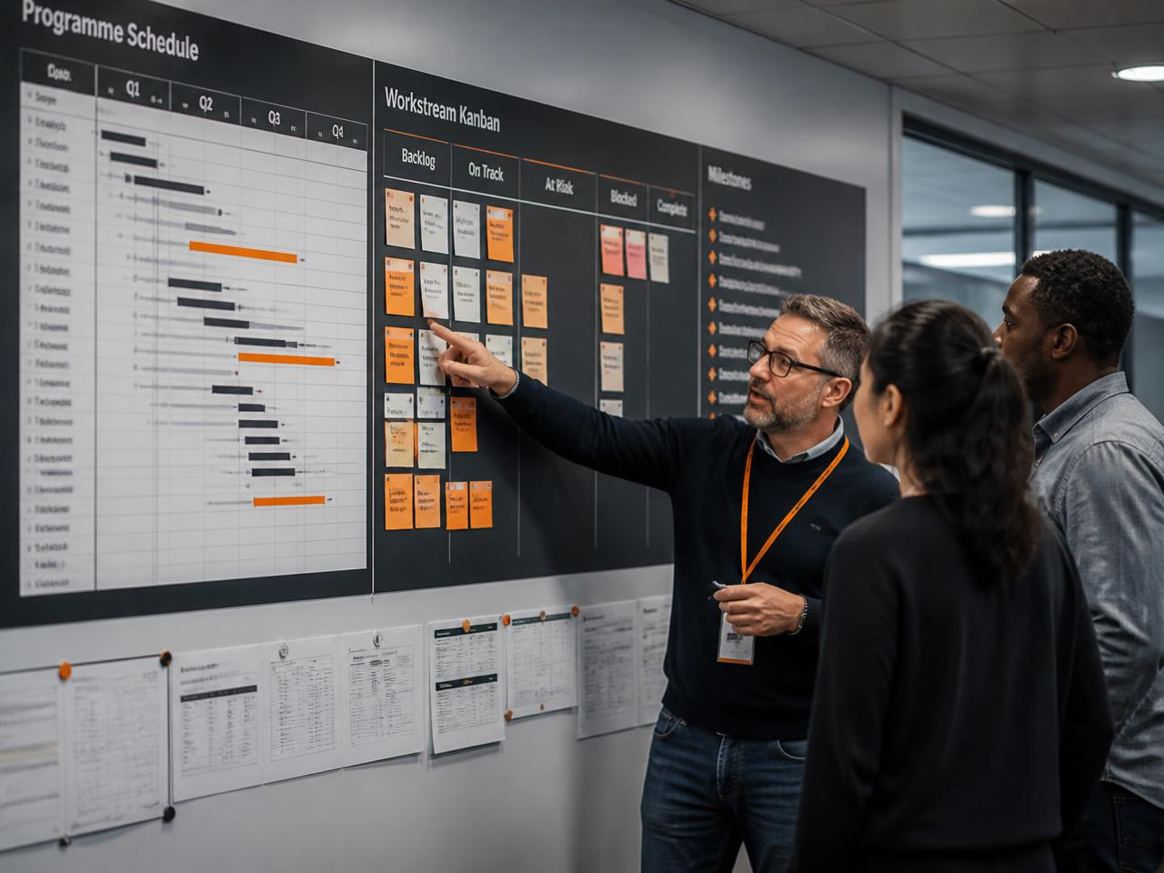 Consultant walking a client team through a programme schedule and workstream board
